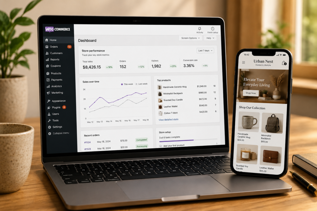 WooCommerce store dashboard on laptop and mobile