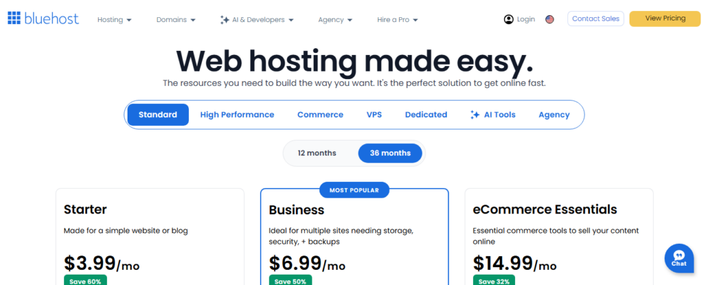 bluehost homepage interface